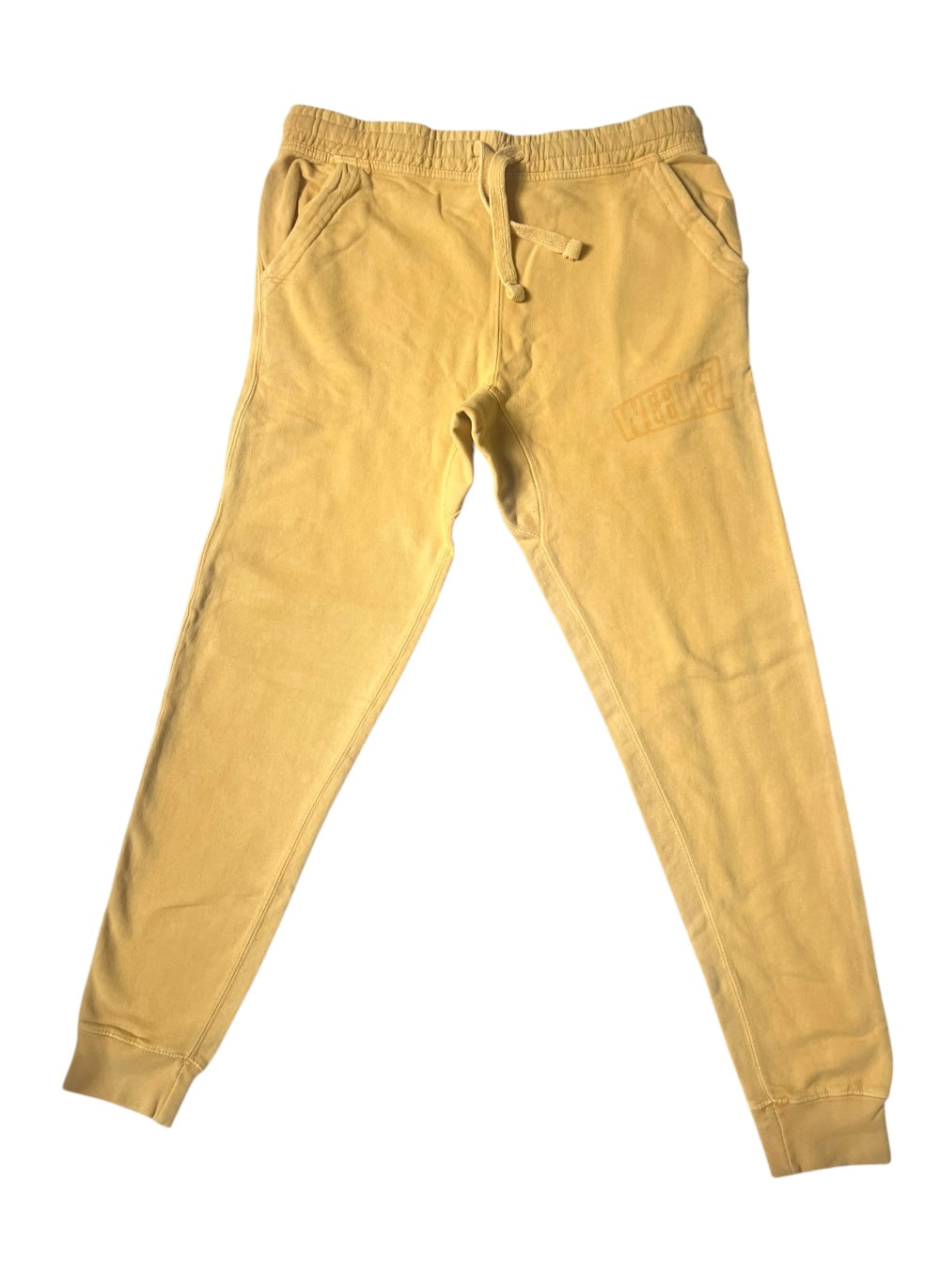 Front view of the mustard signature style joggers with a slightly darker mustard Weediez colored logo