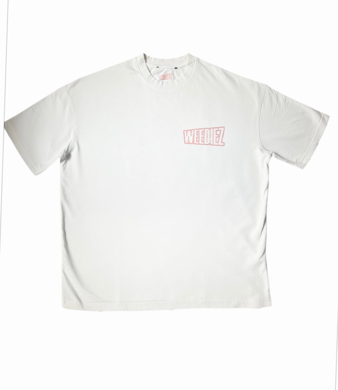 Front view of the white signature style T-shirt with a red Weediez colored logo.