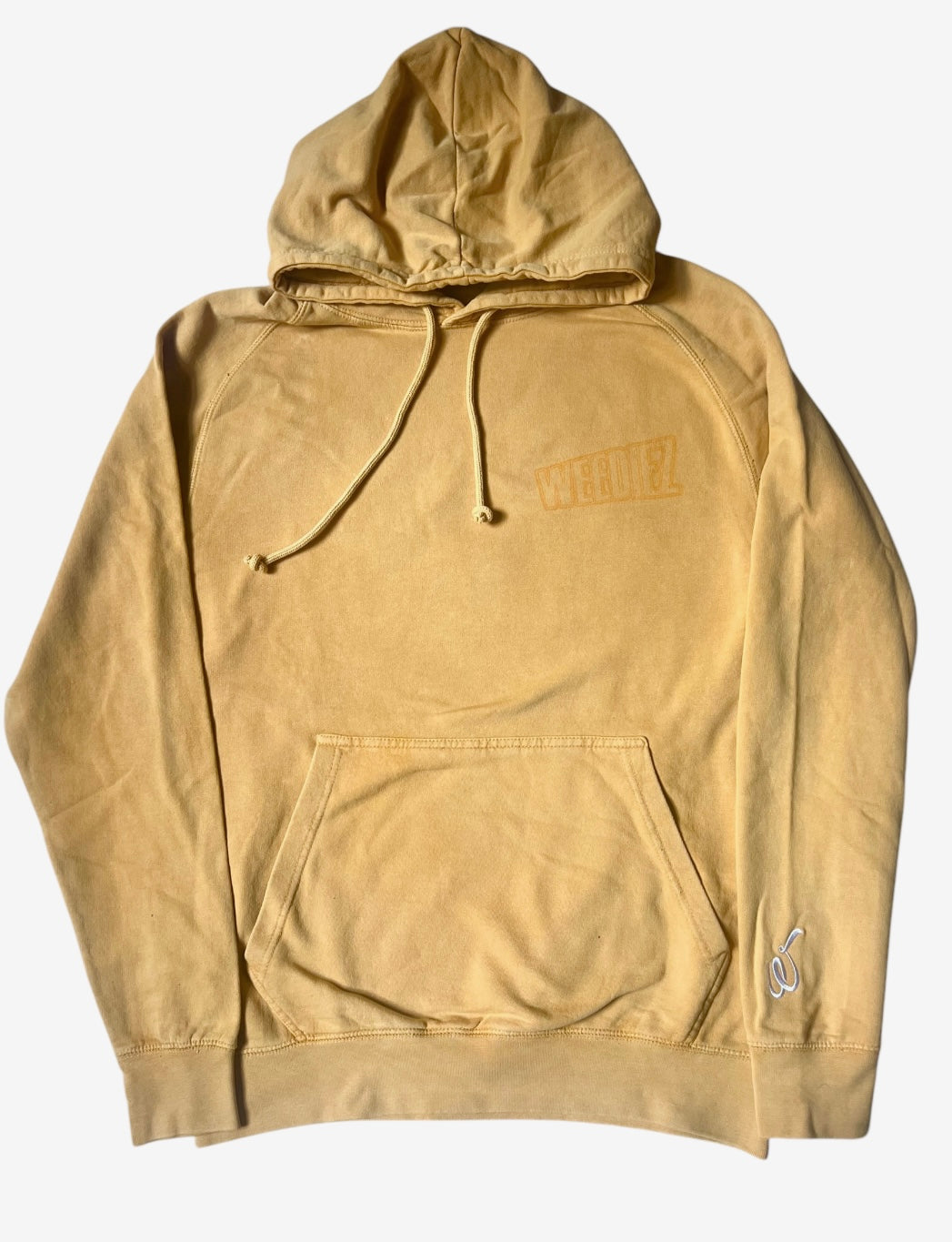 Front view of the mustard signature style T-shirt with a slightly darker mustard Weediez colored logo