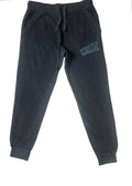 Front view of the black signature style joggers with a light blue Weediez colored logo