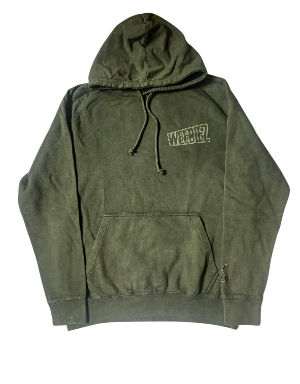 Front view of the olive signature style T-shirt with a lighter olive Weediez colored logo