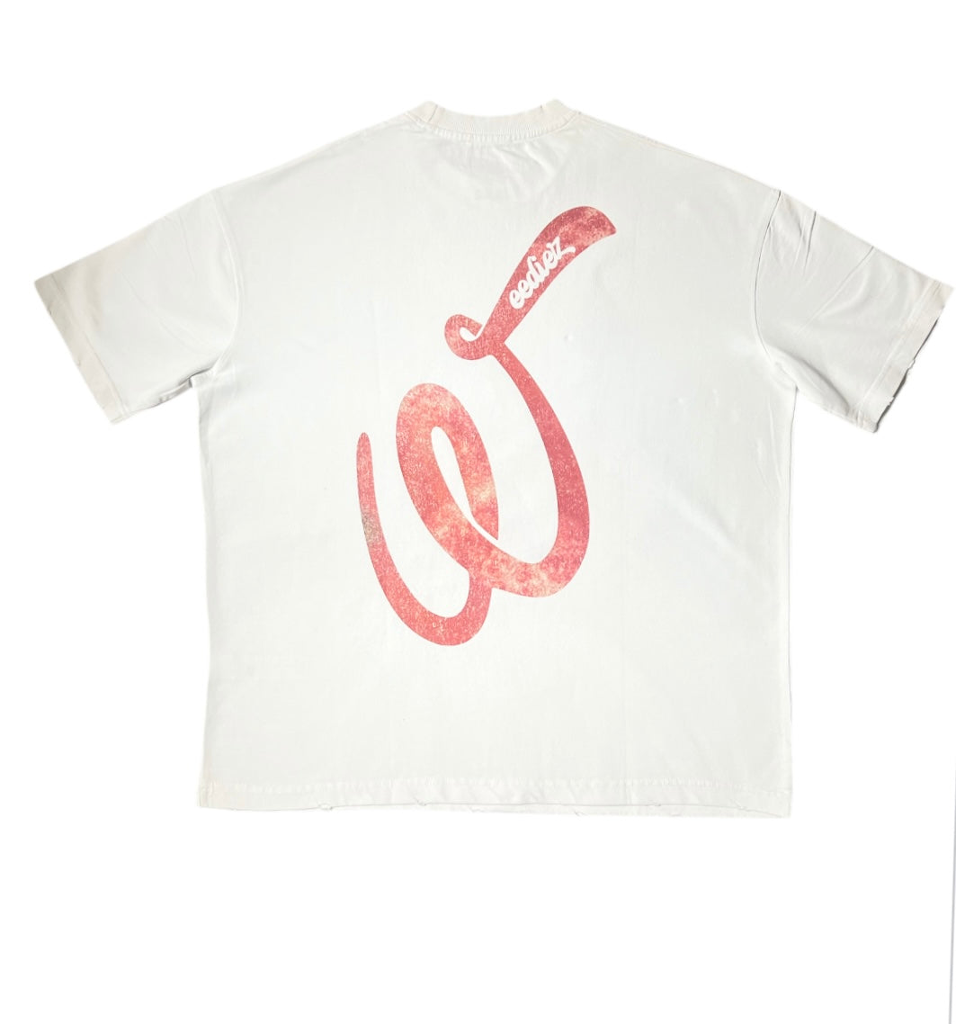Back side view of white signature style T-shirt with Weediez "W" red colored logo 