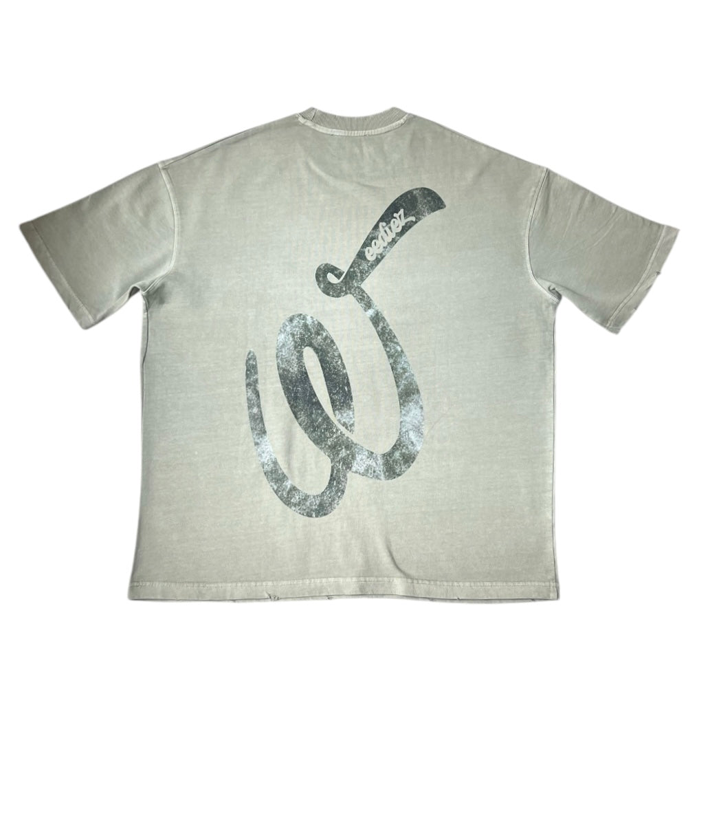 Back side view of the olive signature style T-shirt with a slightly darker olive Weediez "W" colored distressed logo.