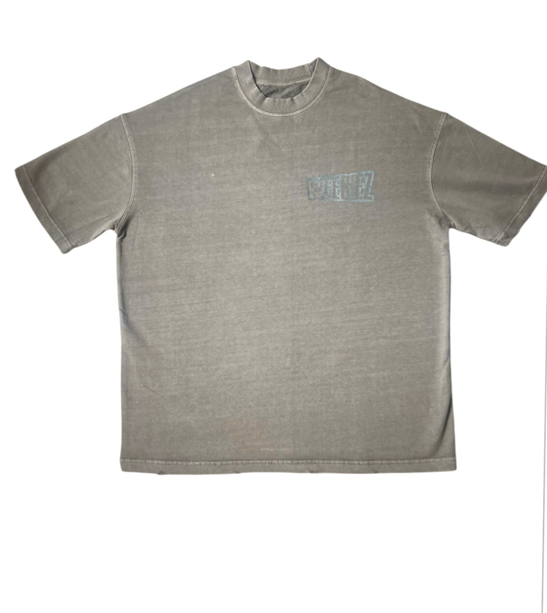 Front view of the grey signature style T-shirt with a blue Weediez colored logo