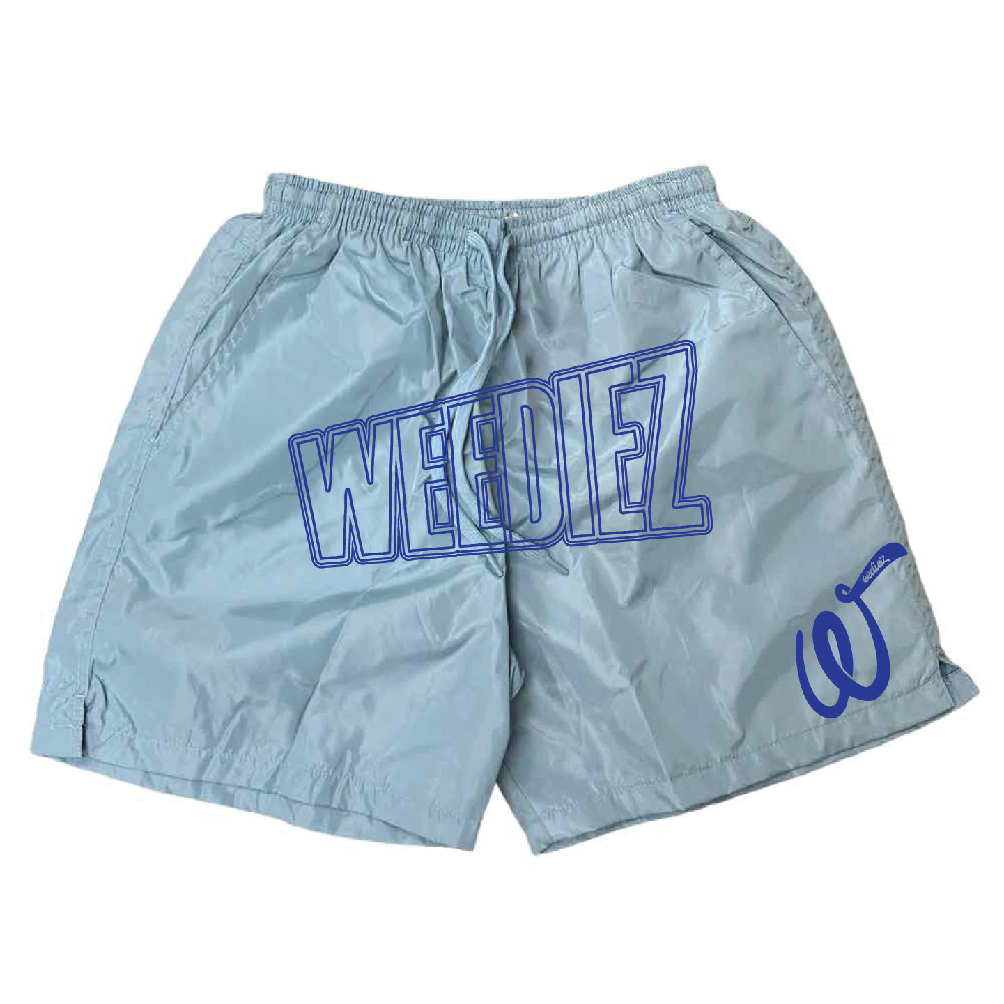 Front view of weediez baby blue summer shorts with royal blue weediez logo on center and embroidered royal blue “w” on left side leg