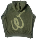 Back side view of the olive signature style T-shirt with a slightly lighter olive Weediez 