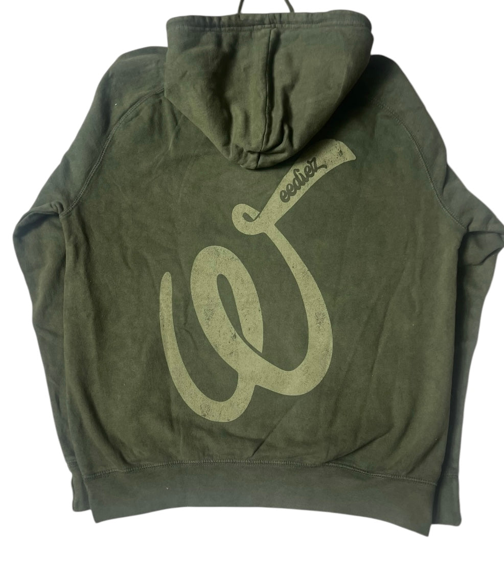 Back side view of the olive signature style T-shirt with a slightly lighter olive Weediez "W" colored distressed logo