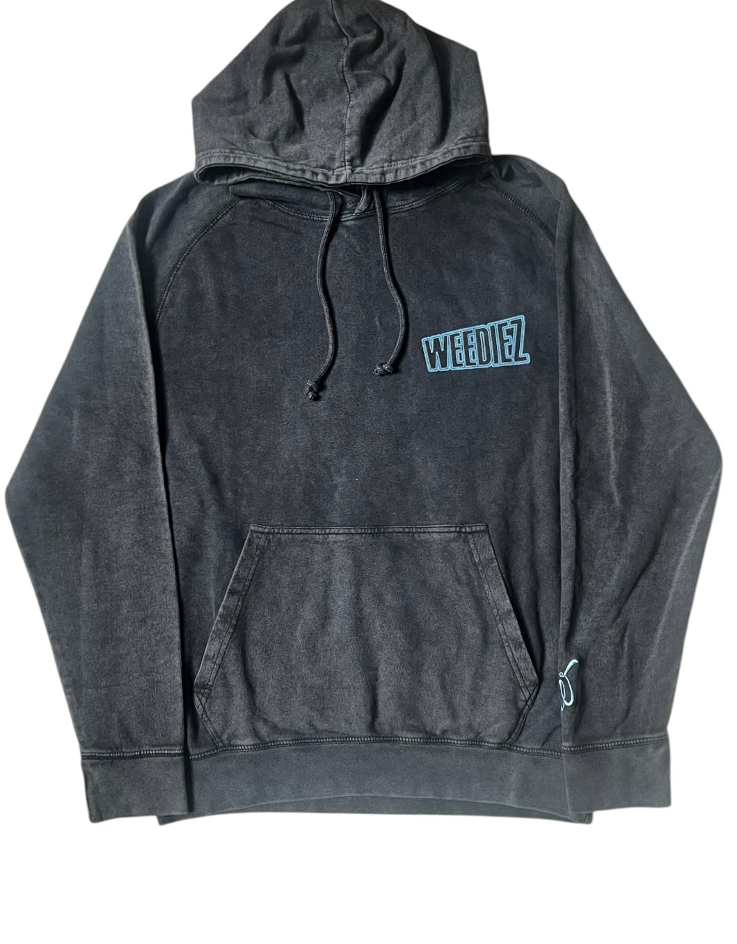 Front view of the black signature style T-shirt with a light blue Weediez colored logo