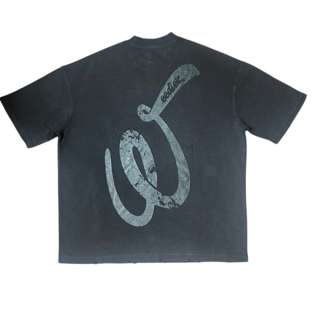 Back side view of the black signature style T-shirt with a grey Weediez "W" colored distressed logo.
