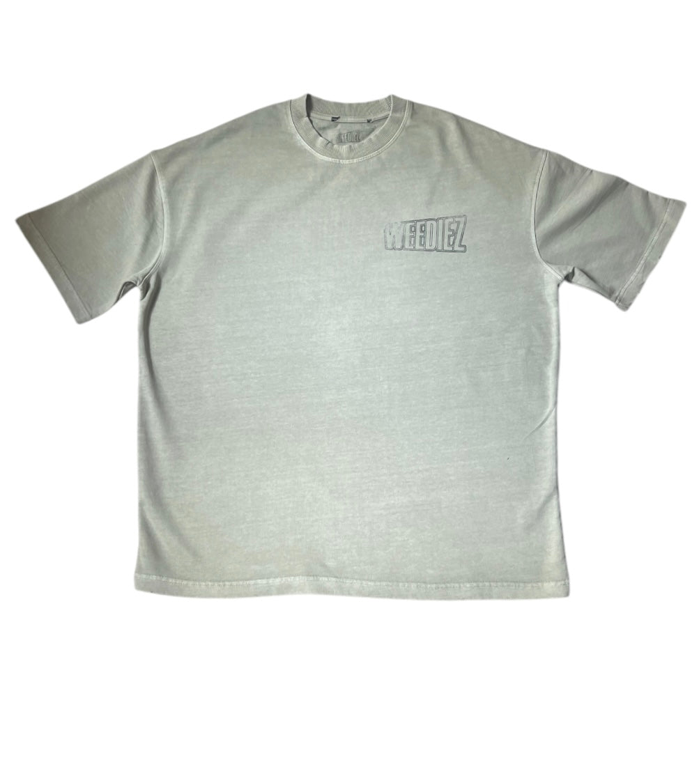 Front view of the olive signature style T-shirt with a slightly darker olive Weediez colored logo.