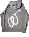 Back side view of the grey signature style T-shirt with a off-white Weediez 