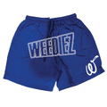 Front view of weediez royal blue summer shorts with white weediez logo on center and white embroidered “w” on left side leg
