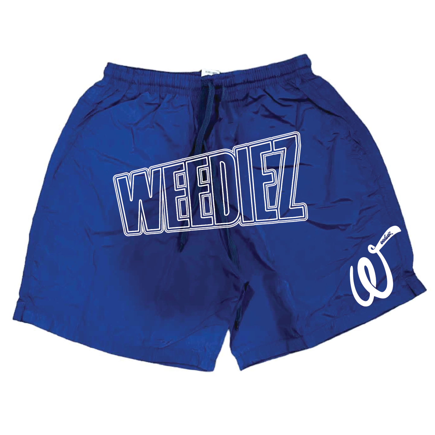 Front view of weediez royal blue summer shorts with white weediez logo on center and white embroidered “w” on left side leg