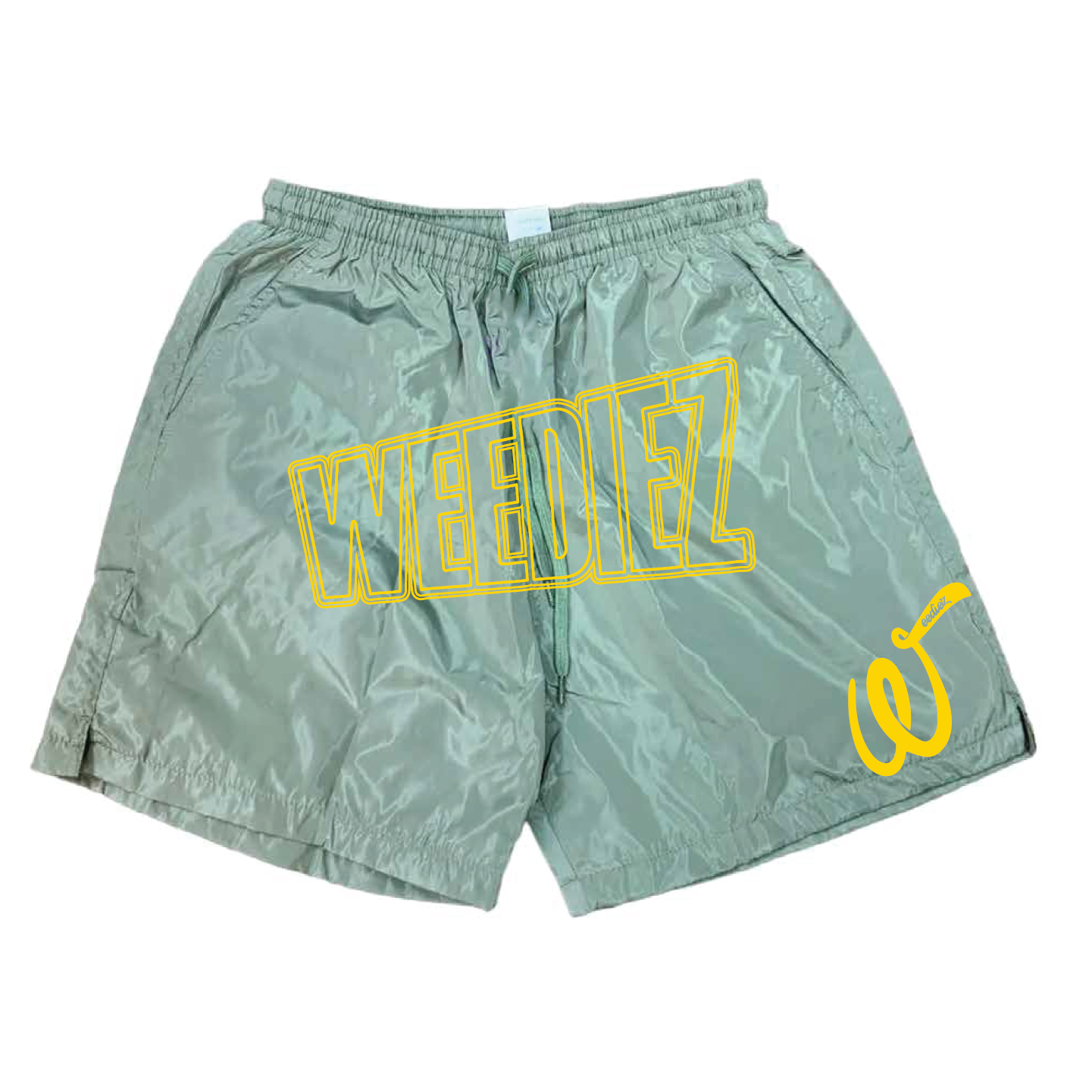 Front view of weediez  sage green summer shorts with a yellow weediez logo on center and embroidered yellow  “w” on left side leg